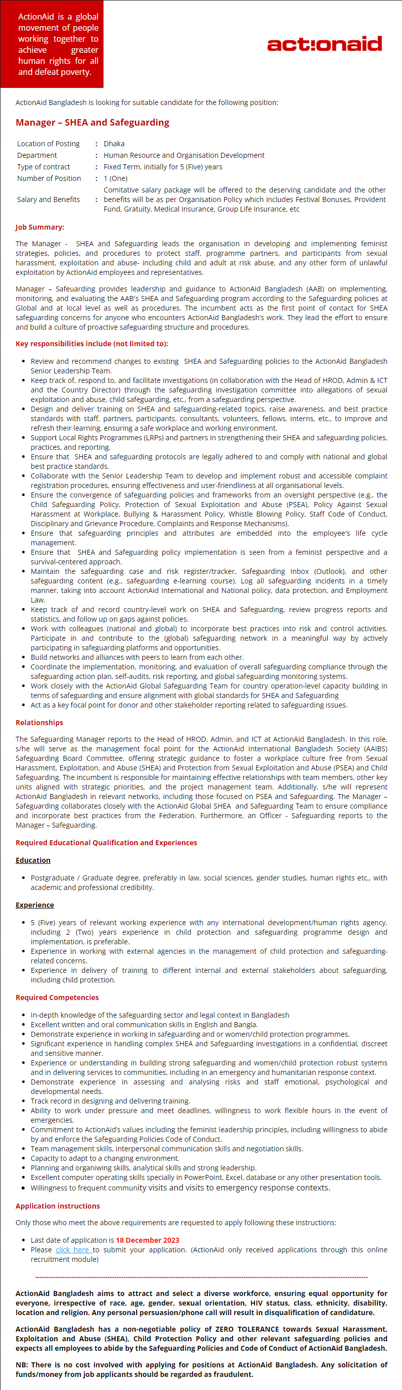 ActionAid Bangladesh Job Circular 2024