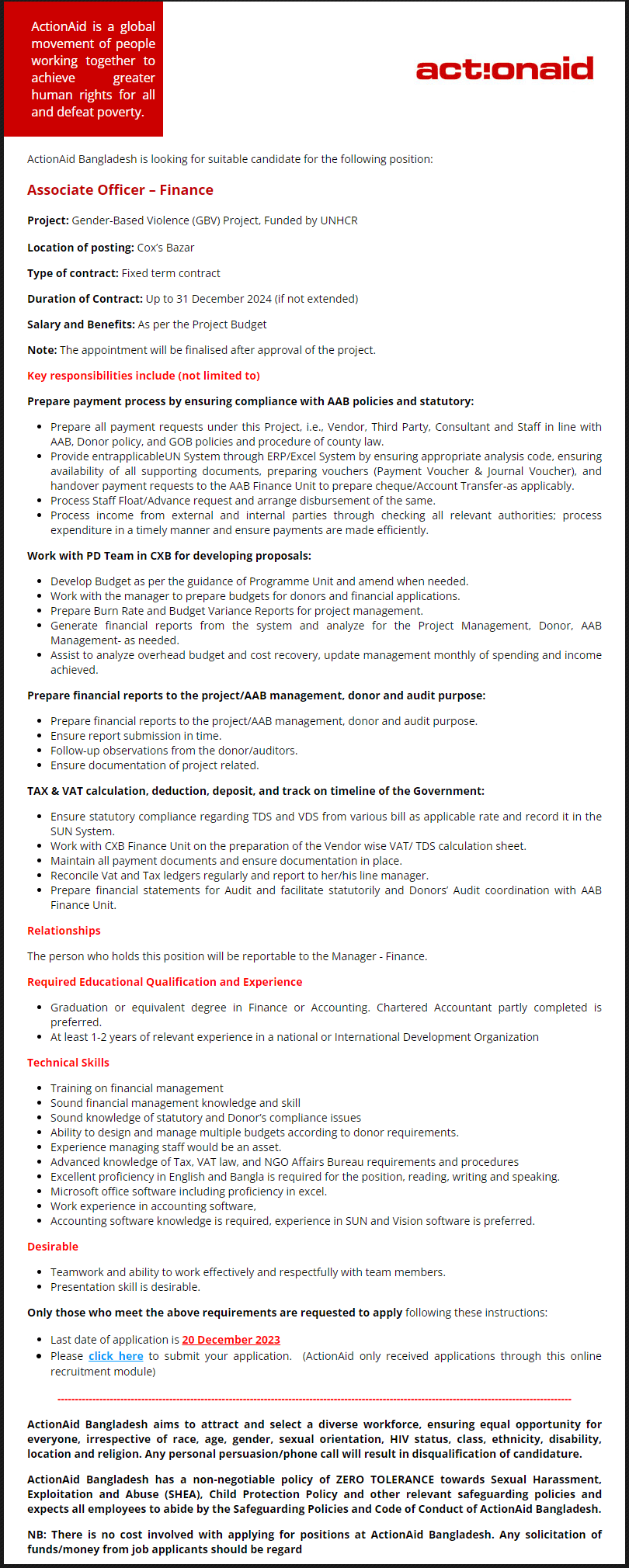 Official Notice of ActionAid Bangladesh Job Circular 2024.