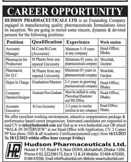 Official Notice image of Hudson Pharmaceuticals Ltd. Job Circular 2024.