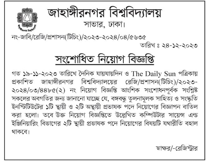 Official Image of Jahangirnagar University Job Circular 2024. https://infohouse24.com/jahangirnagar-university-job-circular-2024/